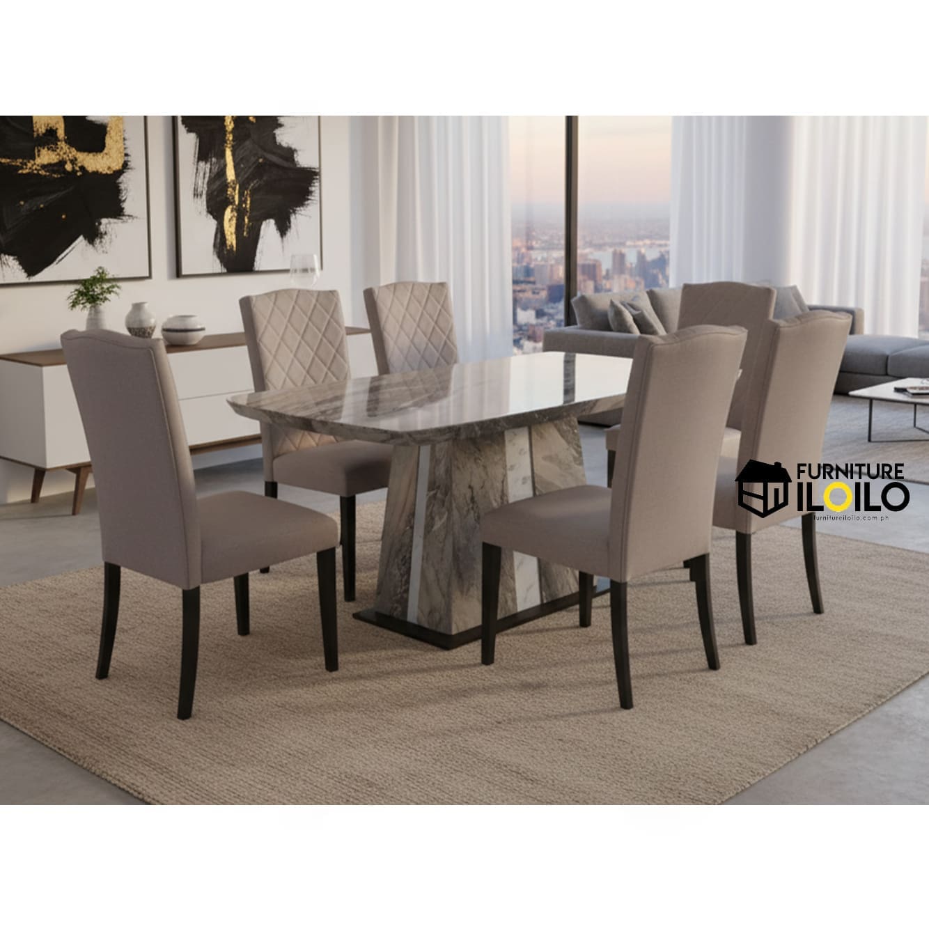 Barrosa Rectangular Marble Dining Table Set Six Seater